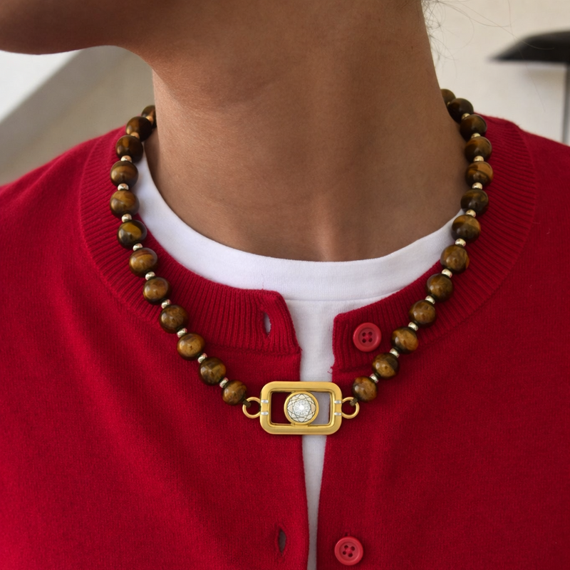 Tigers eye necklace with 18K gold beats, enamel and a white diamond
