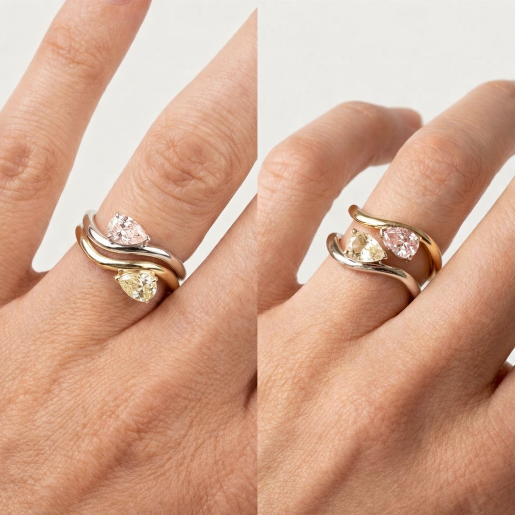 Toi et moi ring with a yellow sapphire and padparascha sapphire.